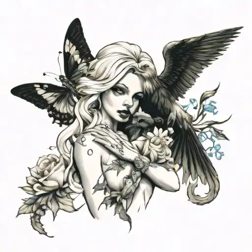 Nude Blonde European Girl Slim Body Holding Black Baby