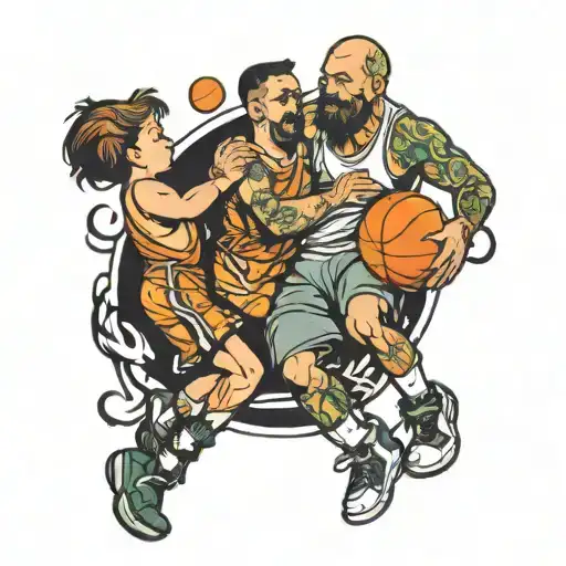 Dad Playing Basketball With 2 Kids