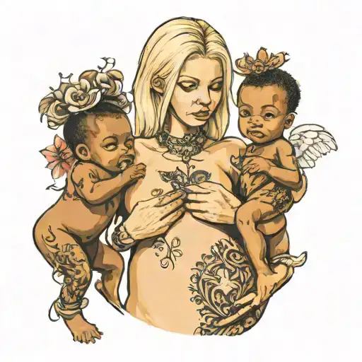 Nude Pregnant Slim European Blonde Teenage Girl Holds Black Babies
