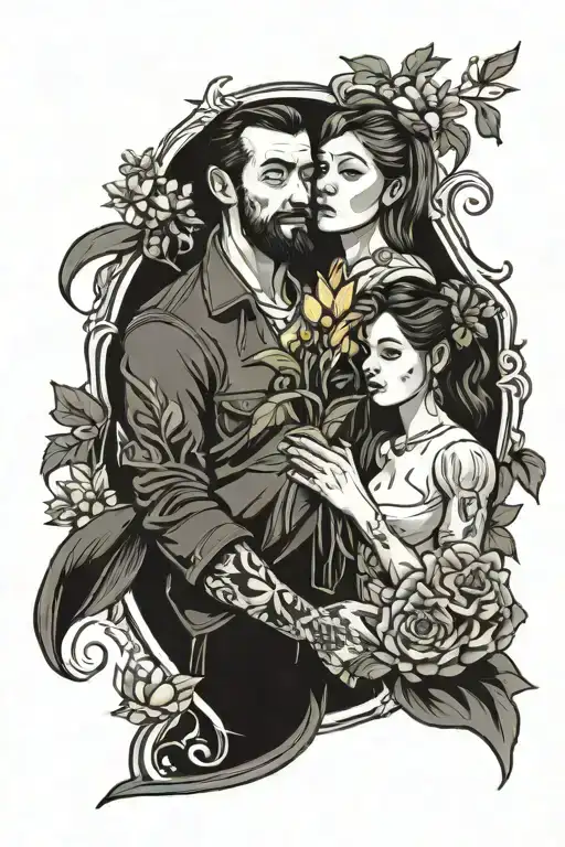 A Father Holding A Lupin And A Mother Holding A Daffodil