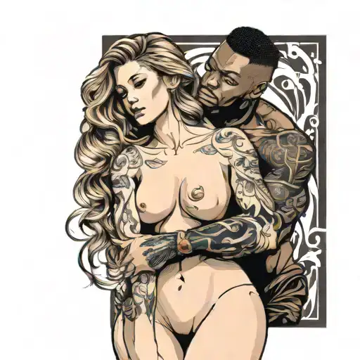 Black Muscular Man Surrounds Nude Brown Hair White Girl