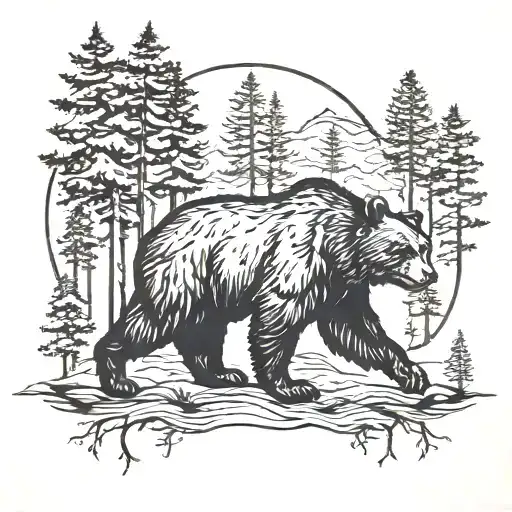 Black Bear With Forest Landscape And Pine Trees