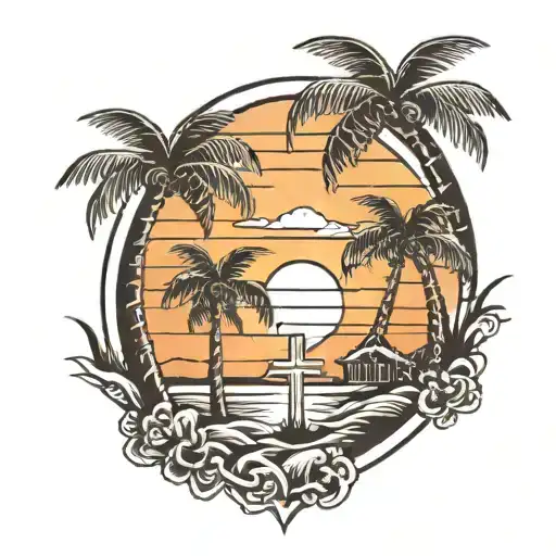 Palm Trees With Sunset And A Cross