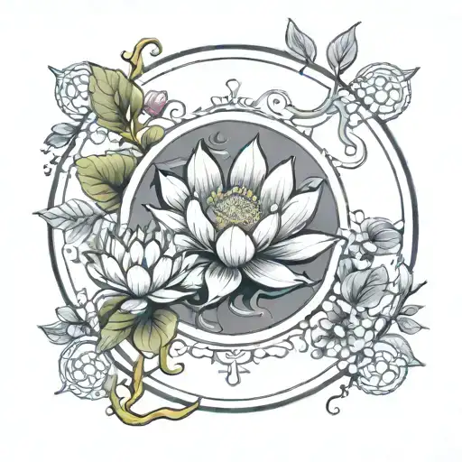 Circle With Branch Inside With Flowers Blooming Lotus Flower