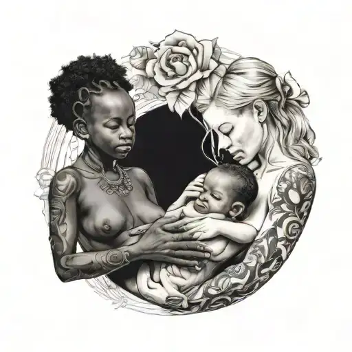 Nude Slim Young European Blonde Teenage Girl Breastfeeding Two Black Babies