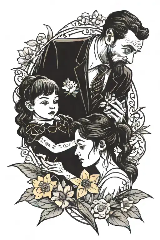 Father Holding Lupin And Mother Holding A Daffodil