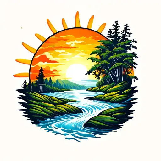 Sun And River Flowing