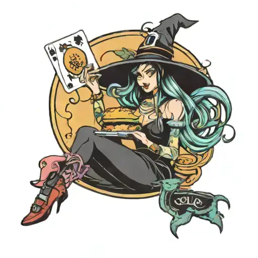Sexy Witch Eating Hamburger And Playing Cards