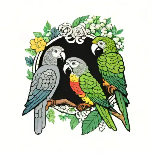 African Grey Parrot And Green Cheek Conure And Amazon Parrot Standing Together