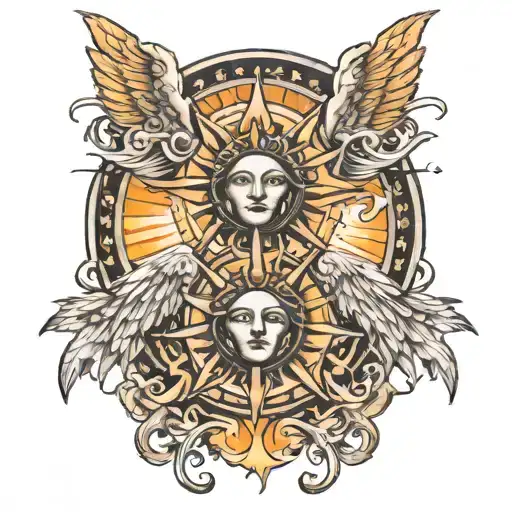 Sun With With Two Men Angels Left And Right