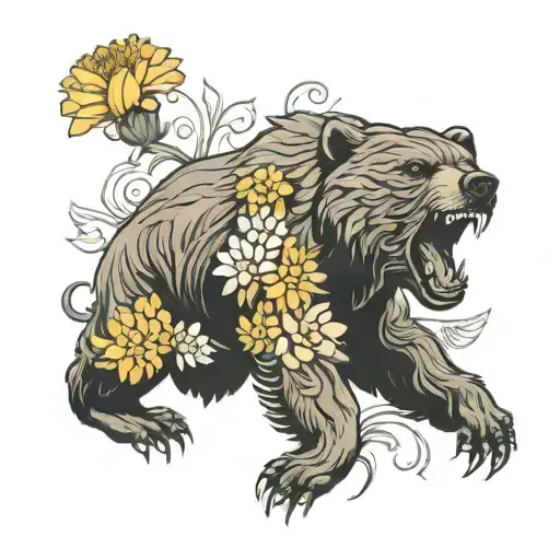 Bear Roaring With Chrysanthemums As Filler In The Style Of Matt Curzon Tattoo For Chest