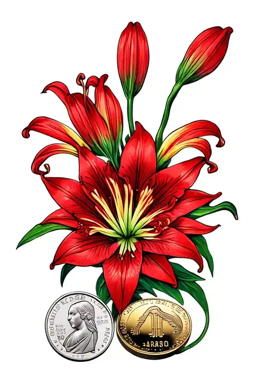 Red Spider Lily Flower Around A Nickel Coin