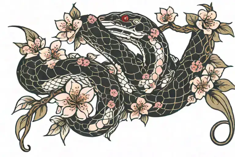 Cherry Blossoms Snake Intertwined