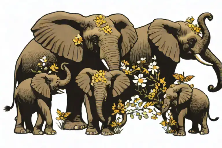 Mom Elephant With 3 Babies And Their Trunks Are Up Playing In Flowers With Bees Circling Their Head