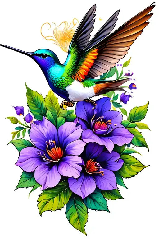 Violet Flower And Humming Bird Flying
