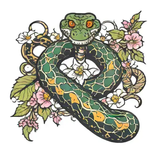 Snake On Cross Surrounded By Flowers
