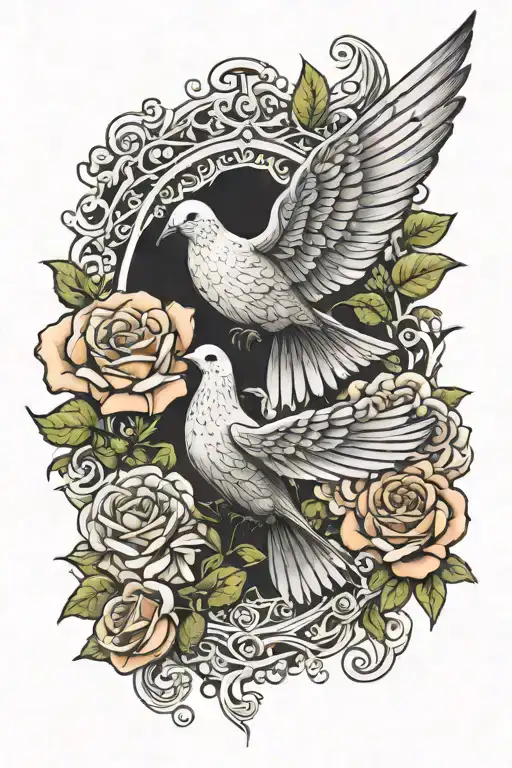 Zentangle Dove Wings Folded Perched Atop Roses