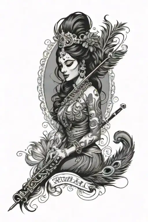 Krisha Flute Surrounded By A Peacock Feather And A Name Radhe Radhe In Hindi