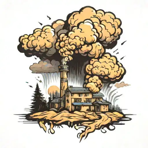 Nuclear Cloud In Moutain With Small Town