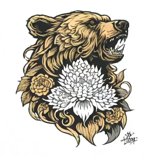 Bear Roaring With Chrysanthemums As Filler Tattoo For Chest