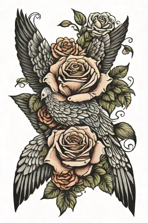 Zentangle Dove Wings Folded Perched Atop Roses