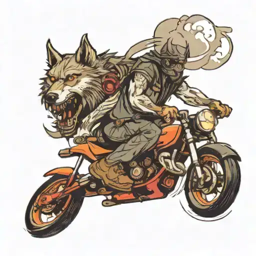 Wolf Riding A Motorcycle Against The Backdrop Of A City