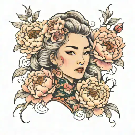 Portrait Of Women With Japanese Peonies Blooming