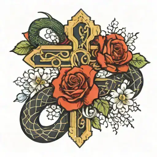 Cross With Snake Wrapped Around It And Flowers