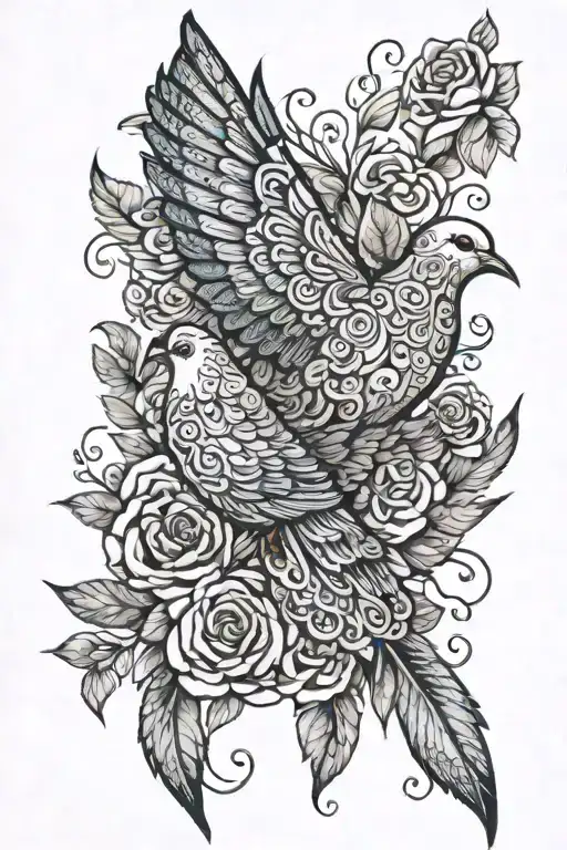 Zentangle Dove Wings Folded Perched Atop Roses