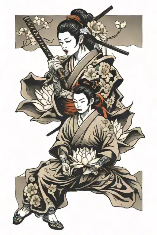 Samurai And Geisha And Lotus Flower
