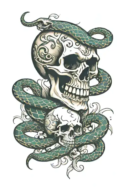 A Snakes Tail Wrapped Around A Skull While Snakes Head Is Chasing A Koi Fish