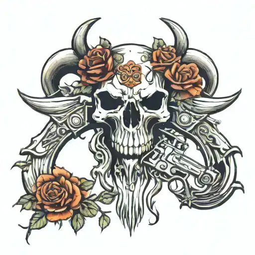 Long Horn Skull With Guns And Roses Intertwined For Chest