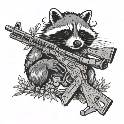Black And White Tattoo About A Racoon With A Rifle