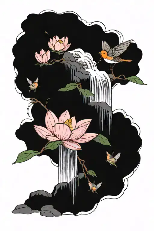 Mountain Waterfall Cascading With Lotus Flowers And A Robin