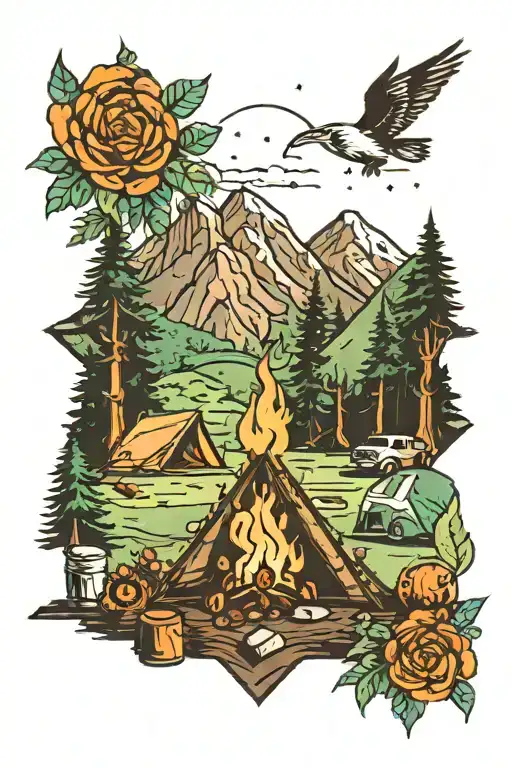 Camping Site With One Bonfire Surrounded By A Mountain And Green Forrest