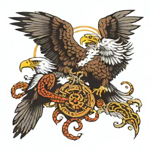 Two Eagles Performing The Eagle Death Spiral While Fighting Over A Double Headed Snake