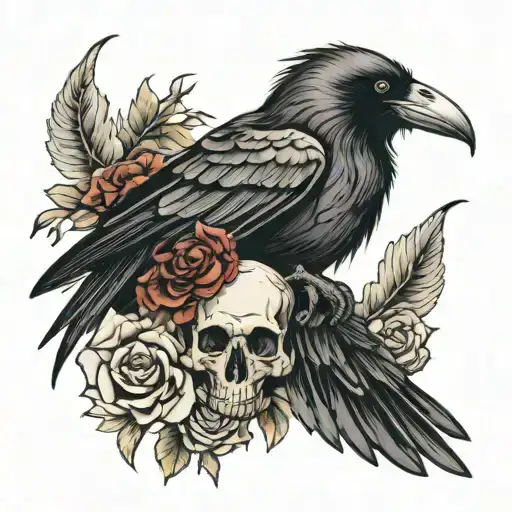 Goth Raven Skull Chest Piece Tattoo Design