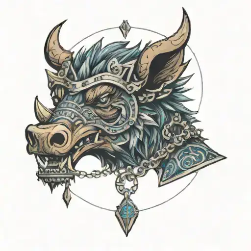 Angry Boar Head On Chained Armor Wearing A Crown With Blue Eyes