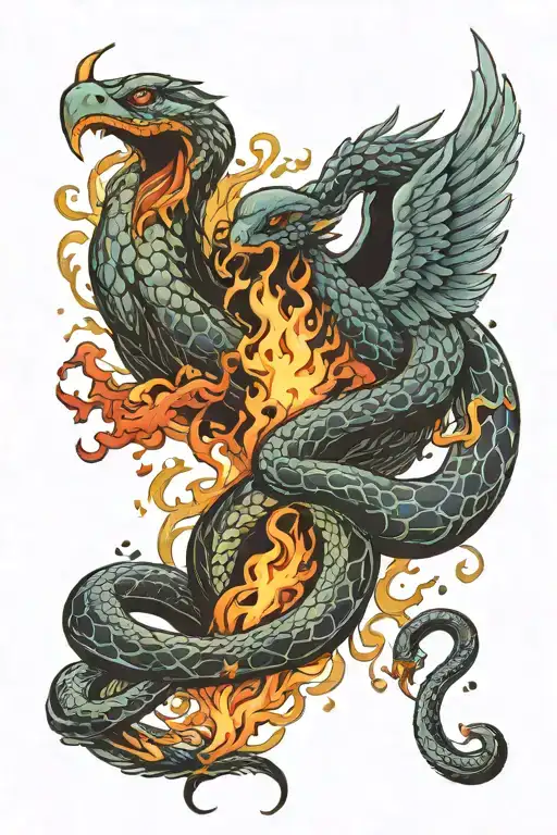 Snake And Phoenix Rising From The Ashes
