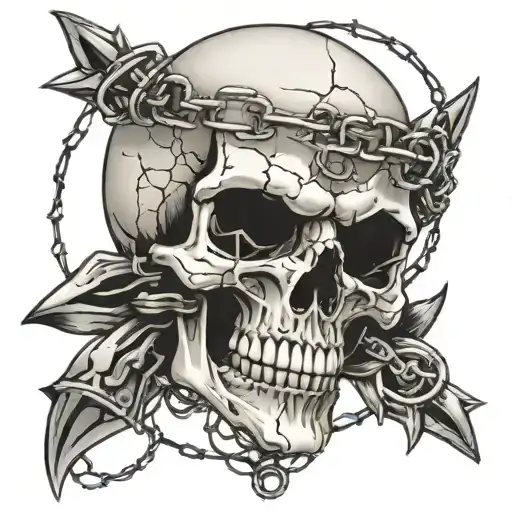 Skull Wrapped In Barbed Wire And Chain Wrapped