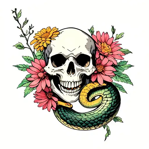 Skull Eating Snake And Chrysantemum