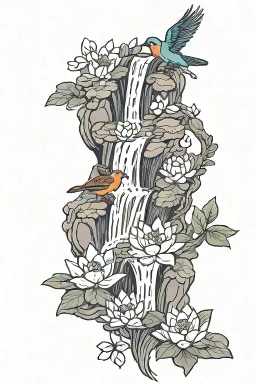 Waterfall Flowing Into River With Lotus Flowers And A Robin