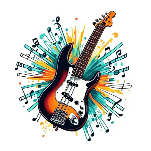 Bass Guitar With Music Bars And Notes Coming Off End Of Guitar Going From Chest To Bicep