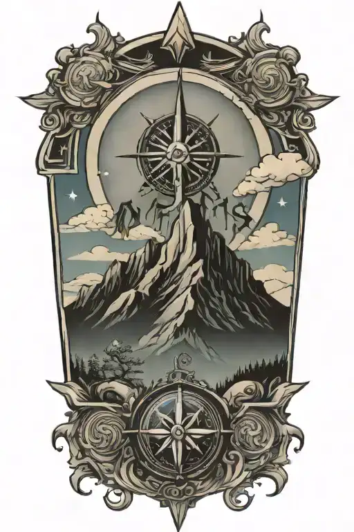 Mountain With Compass Rose And Skies