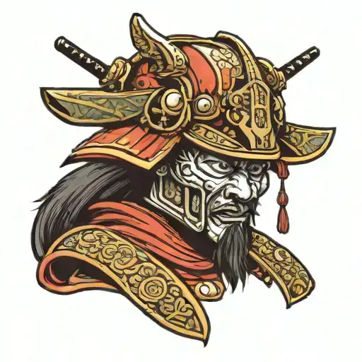 Samurai Head With Helmet With Palm Trees And Dice Rolling