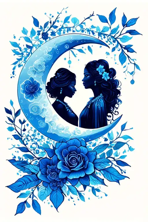 Blue Crescent Moon With Silhouette Of Two People Beloe