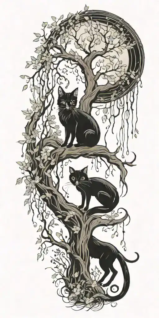 Black Cat Playing With A Fox Under A Weeping Willow Tree