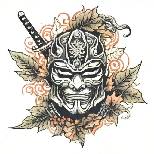 Samurai Mask With Autumn Leaves And Smoke
