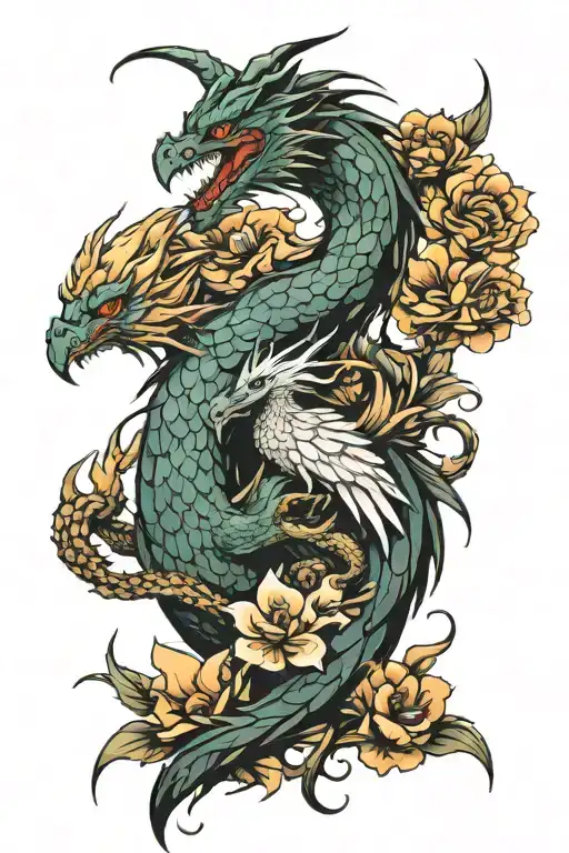 Dragon And Phoenix With Flowers