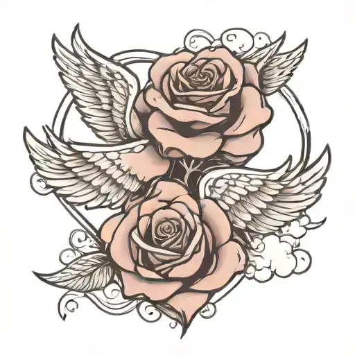 Rose Wrapped Around A Heart With Wings Amongst Clouds